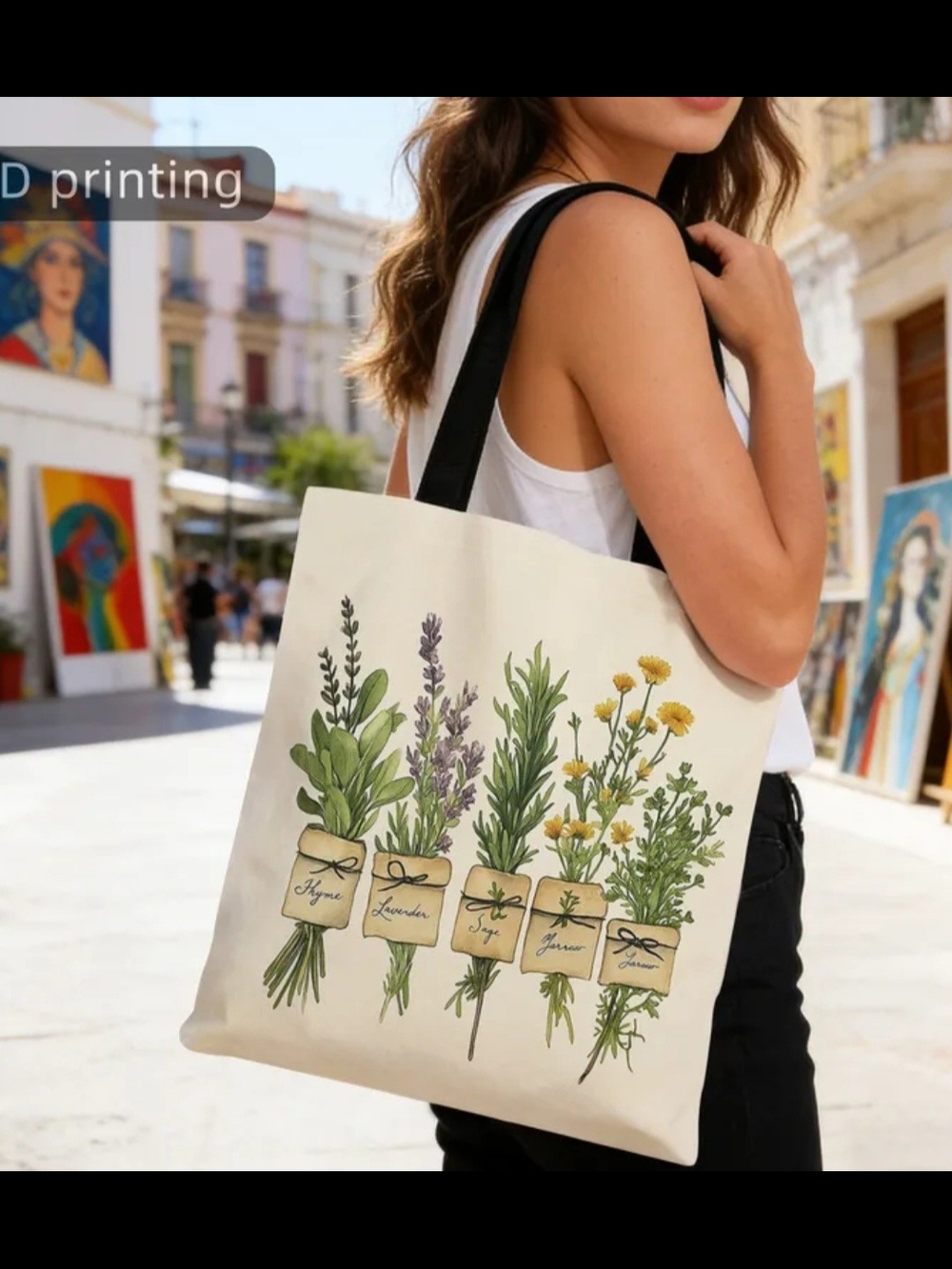Canvas Herb Print Tote Bag in Cream with Black Handles